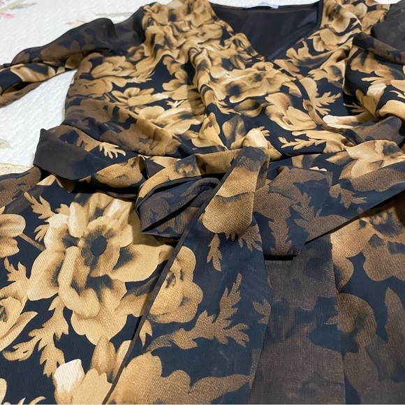 Floral black/ golden yellow chiffon maxi dress long  sleeve - Picture 15 of 15